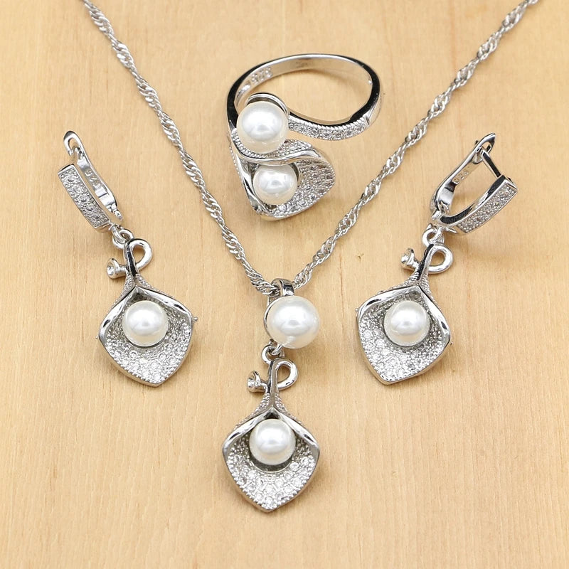 925 Silver Bridal Jewelry Sets White Pearl Zircon Women Wedding Pendant Drop Earrings Open Rings Morning Glory Necklace Set