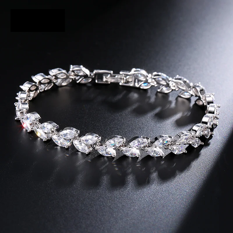 Stunning White Leaf Bracelet with Marquise Cut Cubic Zirconia in Gold, Silver and Rose gold 