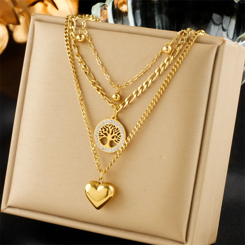 DIEYURO 316L Stainless Steel Heart Tree Pendant Necklace Earrings for Women Girl New Trend Non-Fading Chain Choker Jewelry Set