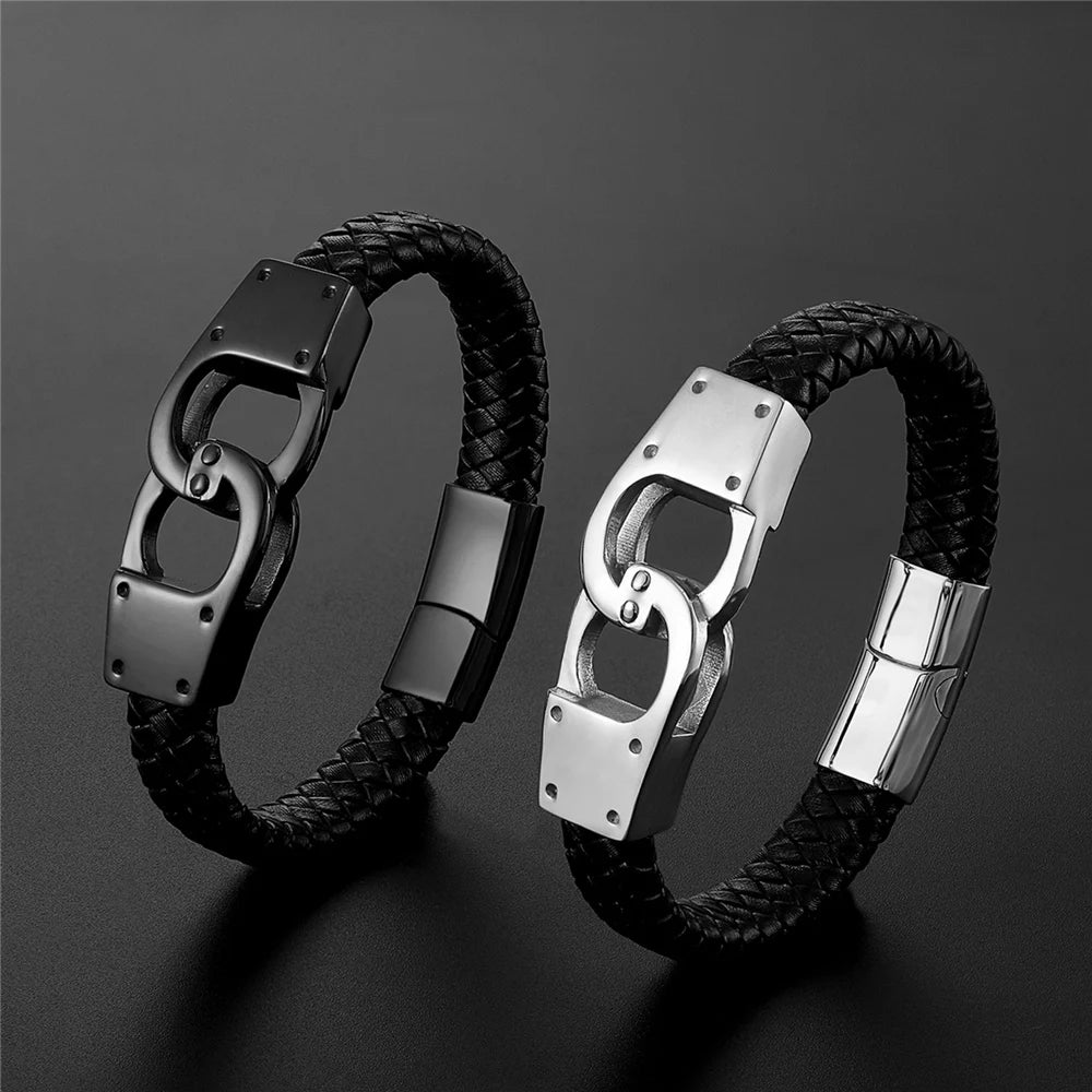 New Fashion Simple Style Stainless Steel Men'S Leather Bracelet Multicolor Handcuffs Leather Bracelet Boy Handsome Birthday Gift