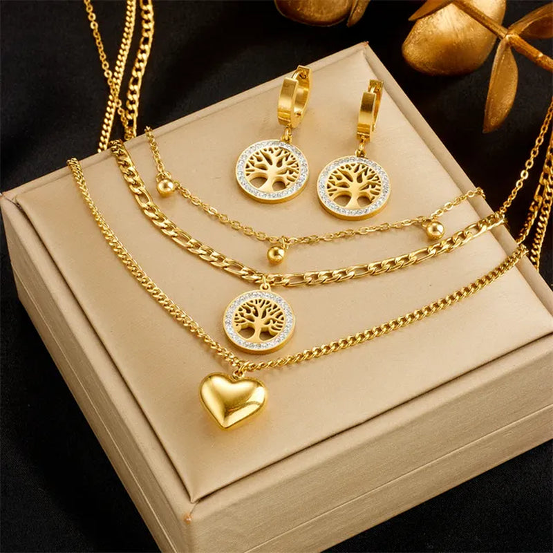 DIEYURO 316L Stainless Steel Heart Tree Pendant Necklace Earrings for Women Girl New Trend Non-Fading Chain Choker Jewelry Set