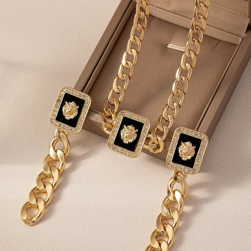 Retro Gold-Plated Square Lion Head Earring Dangle for Women Punk Black Enamel Rhinestone Collarbone Chain Jewelry Set