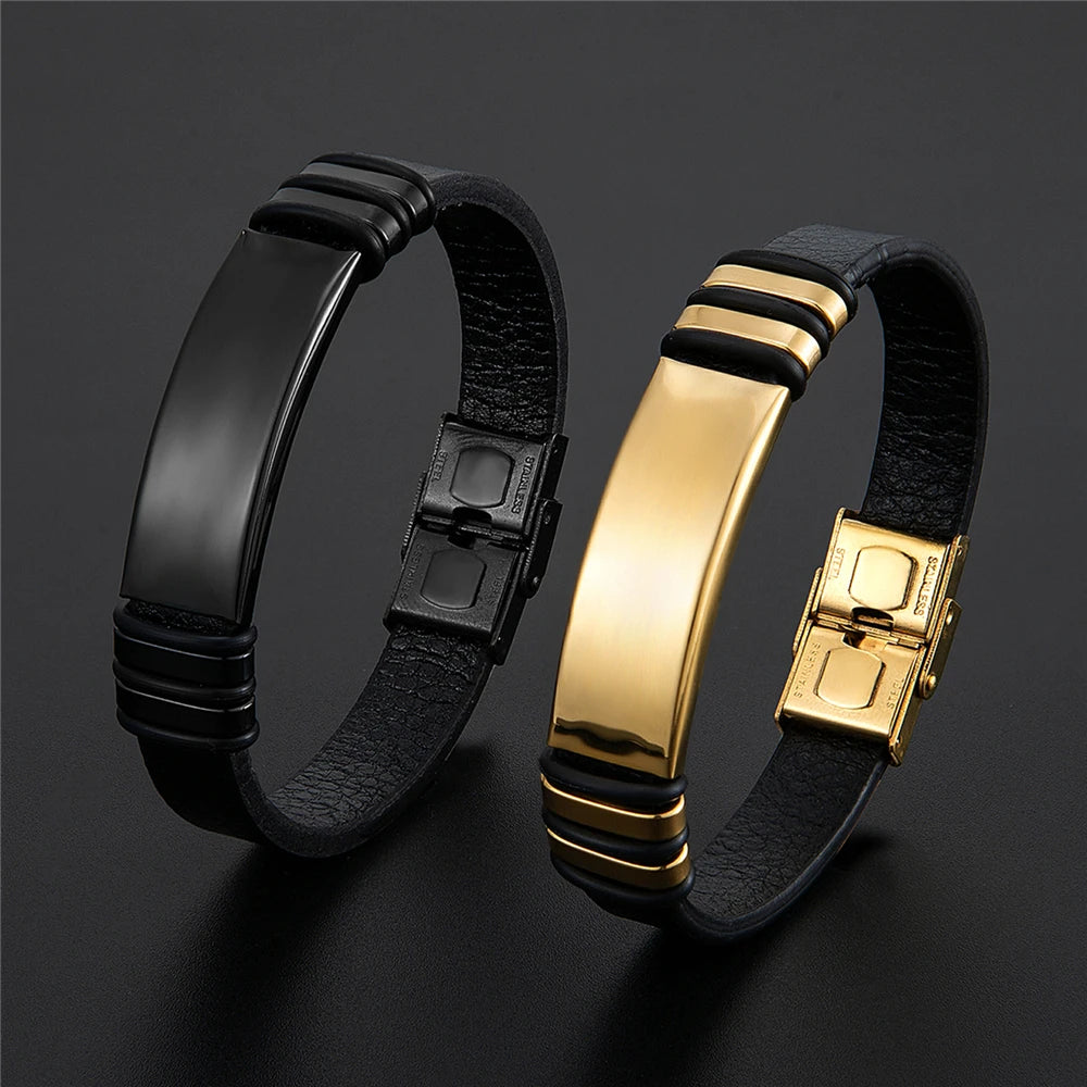 New Fashion Brand Bracelet Stainless Steel Men'S Bracelet Black Charm Leather Bracelet Men'S Wristband Simple Jewelry Wholesale