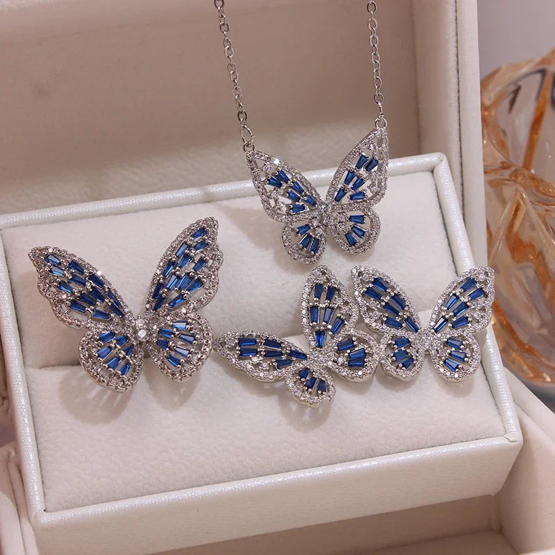 2023 Fashion Brand Jewelry Set Elegant Crystal Butterfly Charm Pendant&Necklaces for Women Insect Stud Earrings Open Rings