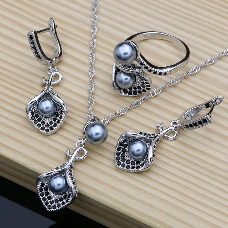 925 Silver Bridal Jewelry Sets White Pearl Zircon Women Wedding Pendant Drop Earrings Open Rings Morning Glory Necklace Set