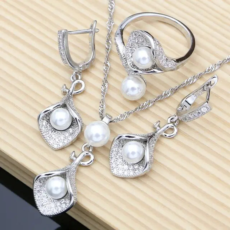 925 Silver Bridal Jewelry Sets White Pearl Zircon Women Wedding Pendant Drop Earrings Open Rings Morning Glory Necklace Set