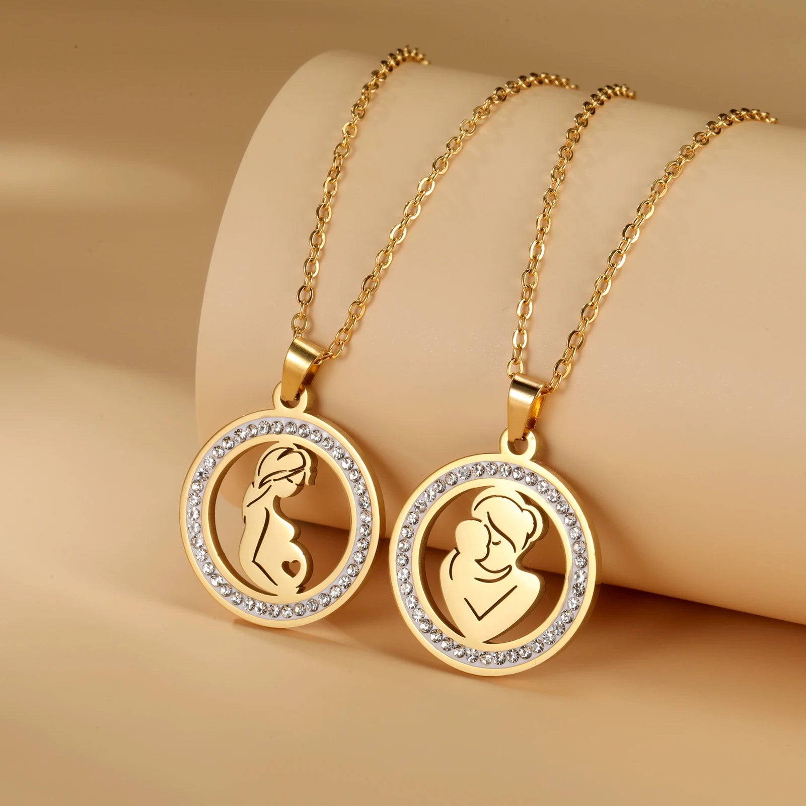 Family Mom Kid Baby round Pendant Necklace Stainless Steel Gold Color Clear Zircon Chain Jewelry Mother'S Day Gift 2024