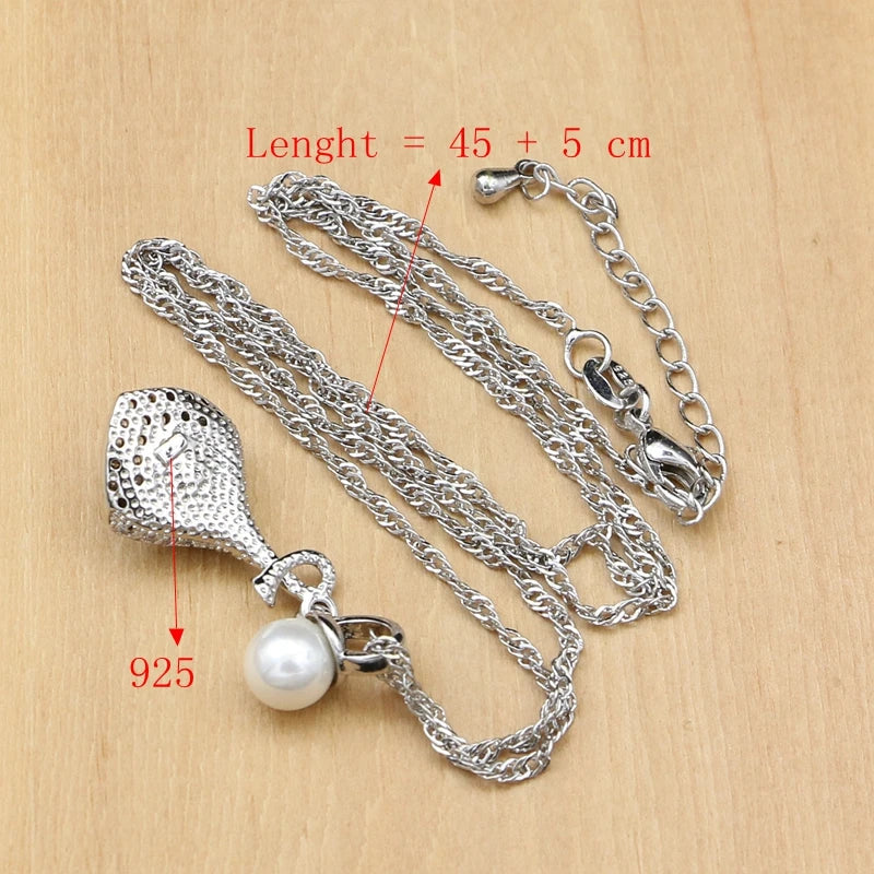 925 Silver Bridal Jewelry Sets White Pearl Zircon Women Wedding Pendant Drop Earrings Open Rings Morning Glory Necklace Set