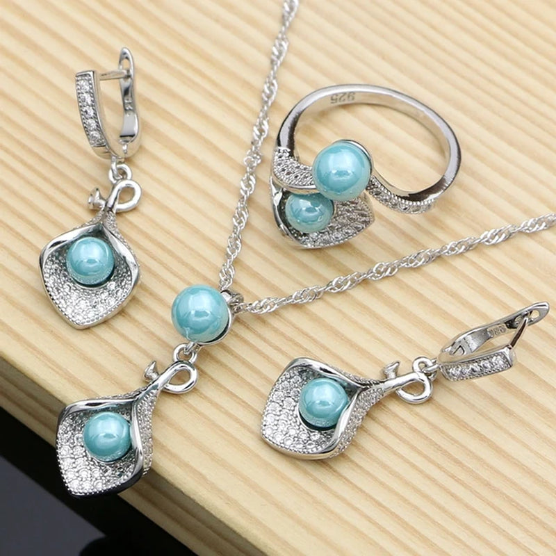 925 Silver Bridal Jewelry Sets White Pearl Zircon Women Wedding Pendant Drop Earrings Open Rings Morning Glory Necklace Set