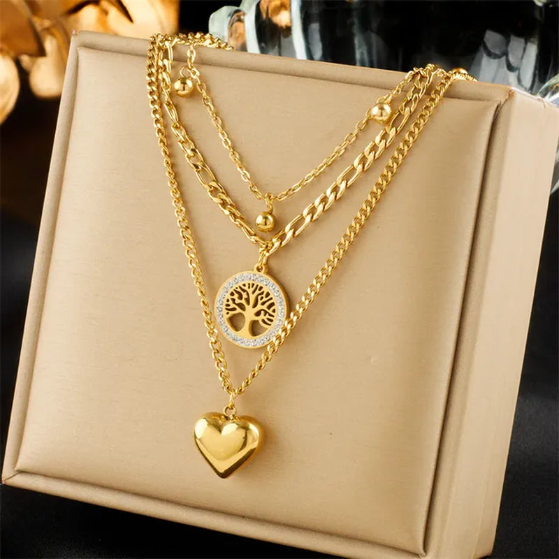 DIEYURO 316L Stainless Steel Heart Tree Pendant Necklace Earrings for Women Girl New Trend Non-Fading Chain Choker Jewelry Set