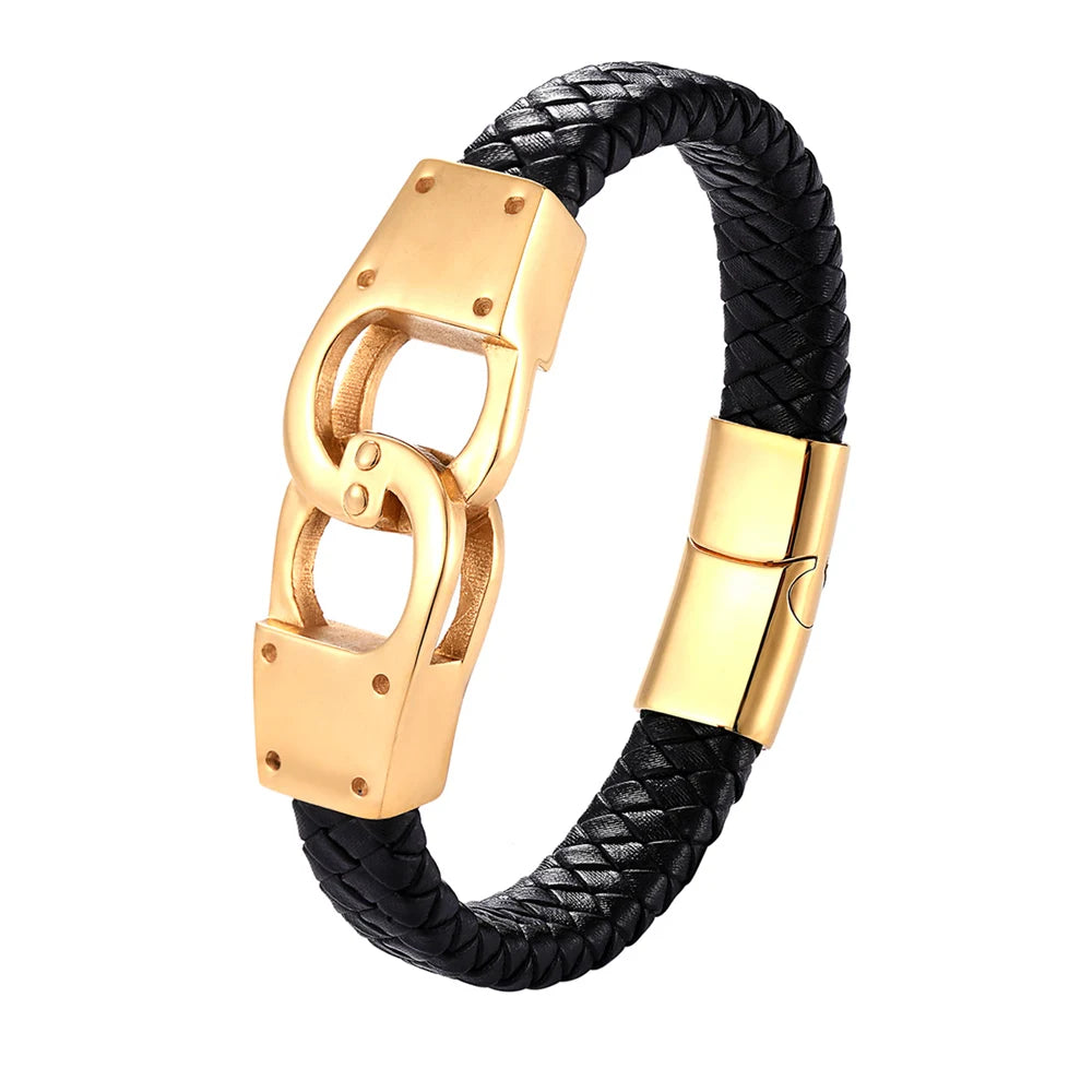 New Fashion Simple Style Stainless Steel Men'S Leather Bracelet Multicolor Handcuffs Leather Bracelet Boy Handsome Birthday Gift