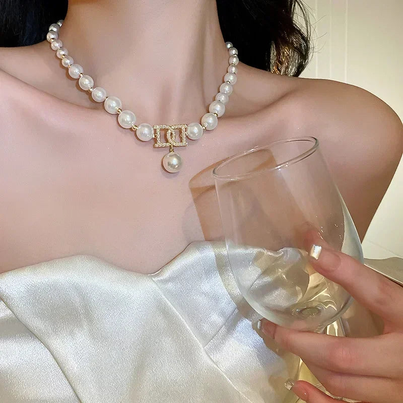 Women Elegant Pearl Clavicle Chain Collares Ladies Short Pendant Necklaces Earrings Choker Jewelry Set