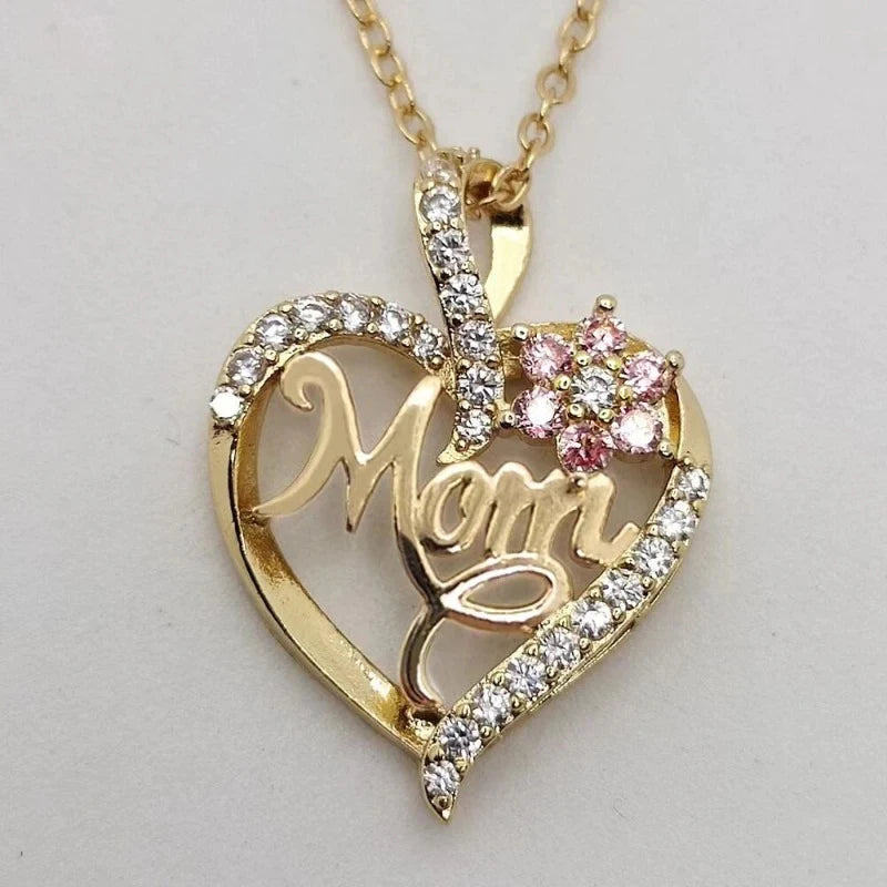 Huitan Mother'S Day Necklace for Mom Luxury Trendy Craved Pendant Necklace Pink Flower Aesthetic Neck Accessories Love Jewelry