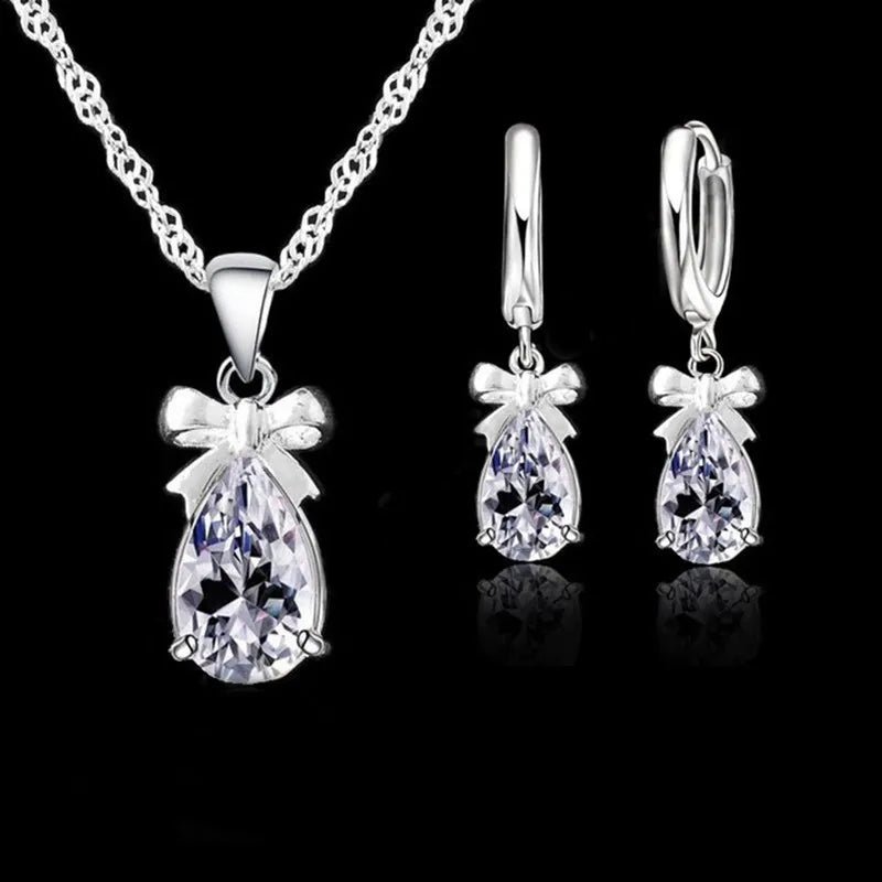 New Gift Set 925 Real 925 Sterling Silver with White Stone Cubic Zirconia Dangle Earring Pendant Necklace Woman Jewelry Set