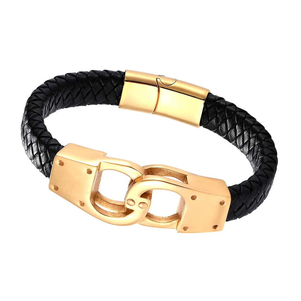 New Fashion Simple Style Stainless Steel Men'S Leather Bracelet Multicolor Handcuffs Leather Bracelet Boy Handsome Birthday Gift