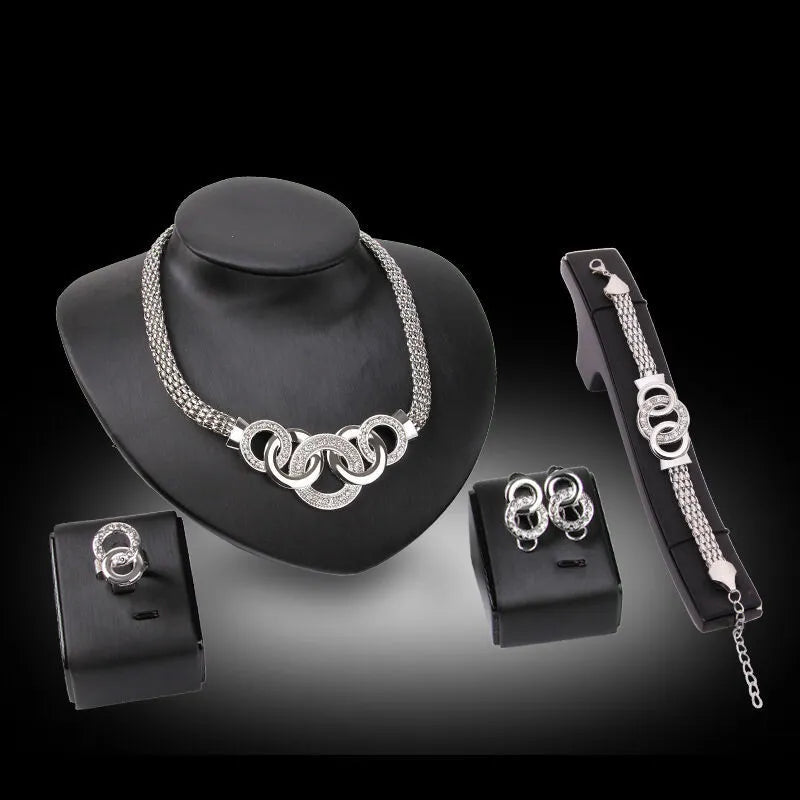 Women'S Fashion Exaggerated Five-Ring Set Exquisite Hip Hop Necklace Earrings Ring Bracelet Jewelry Anniversary Birthday Gift