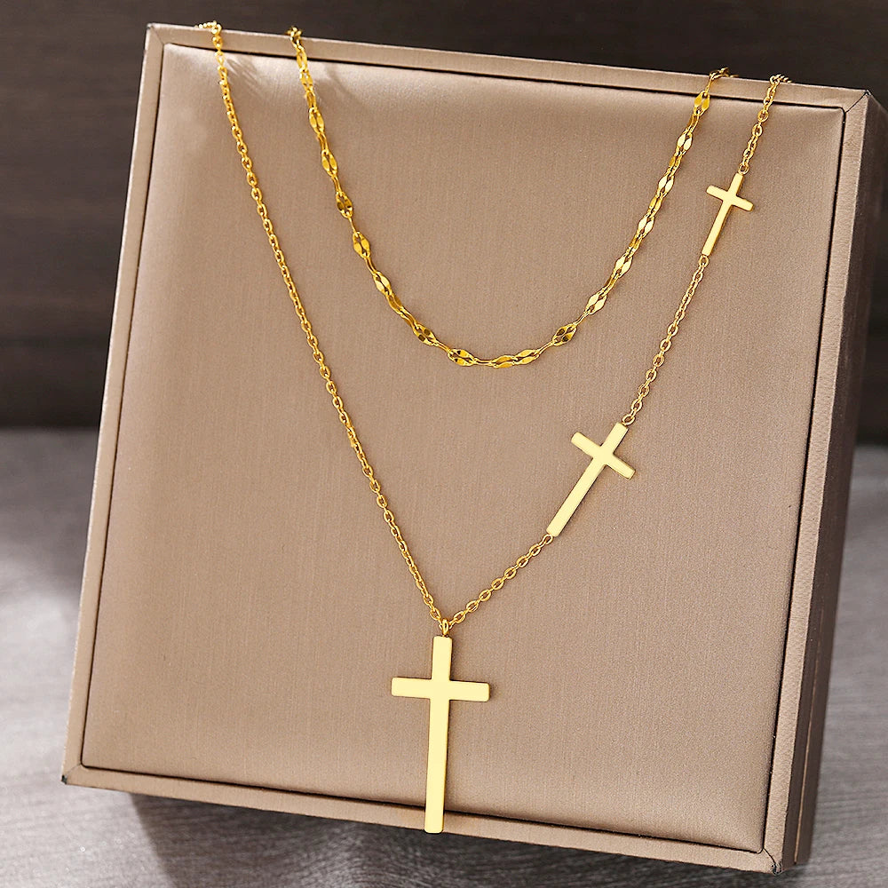 Stainless Steel Necklaces Cross Pendant Choker Multilayer Chain Double Stacked Wear Light Luxury Fine Necklace for Women Jewelry