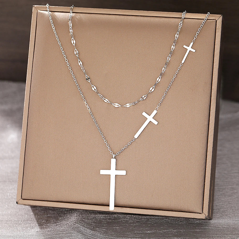 Stainless Steel Necklaces Cross Pendant Choker Multilayer Chain Double Stacked Wear Light Luxury Fine Necklace for Women Jewelry