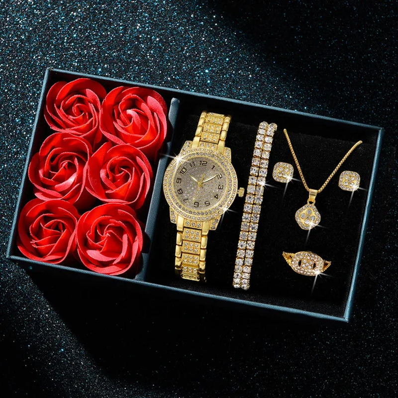 6Pcs Fashion Luxury Women Watch Necklace Earrings Ring Set for Women Rhinestone Wristwatch Bracelet Set Valentine'S Day Gift