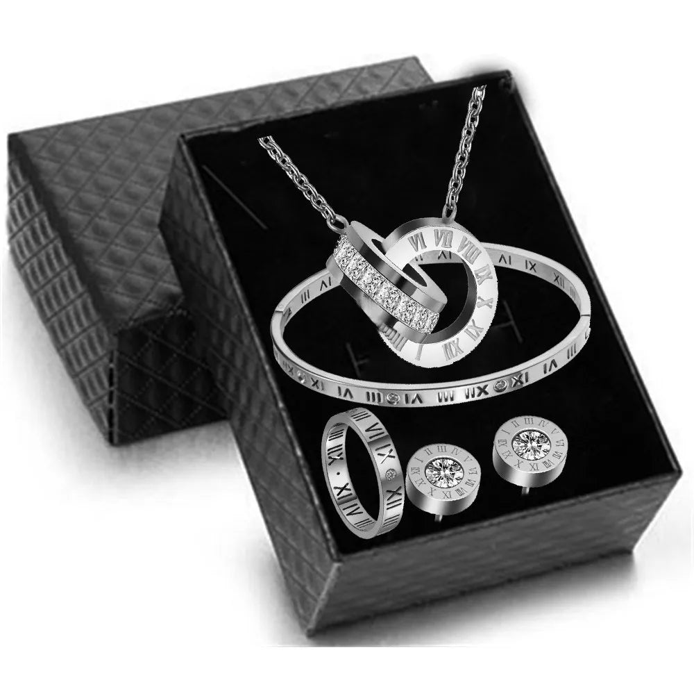 Luxury Roman Numeral Necklace Earring Bracelet Ring Set for Women Never Fade 316L Stainless Steel Wedding Jewelry Set Gift Box
